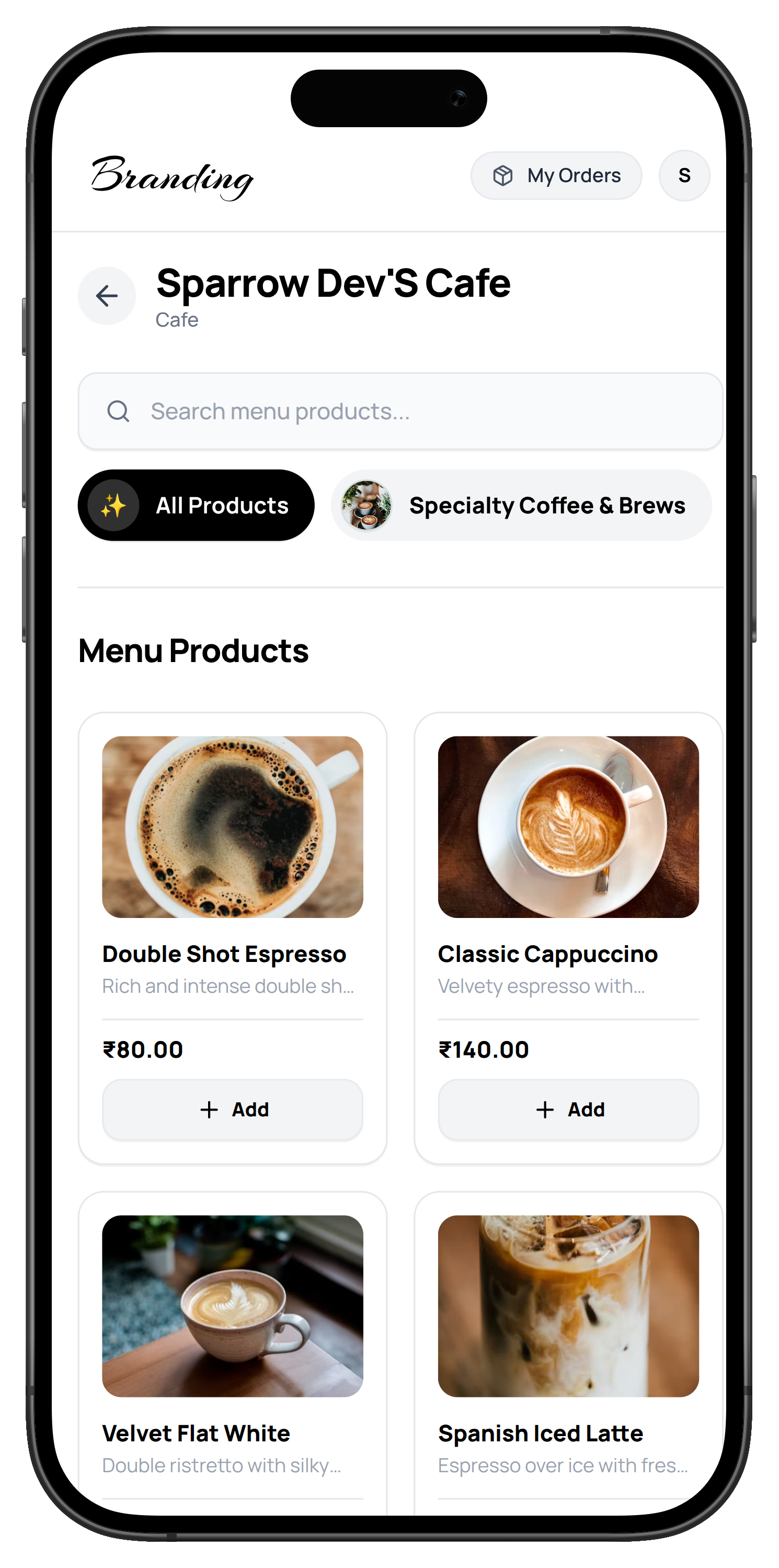 Sparrow POS Customer Mobile App on iPhone 16 Pro