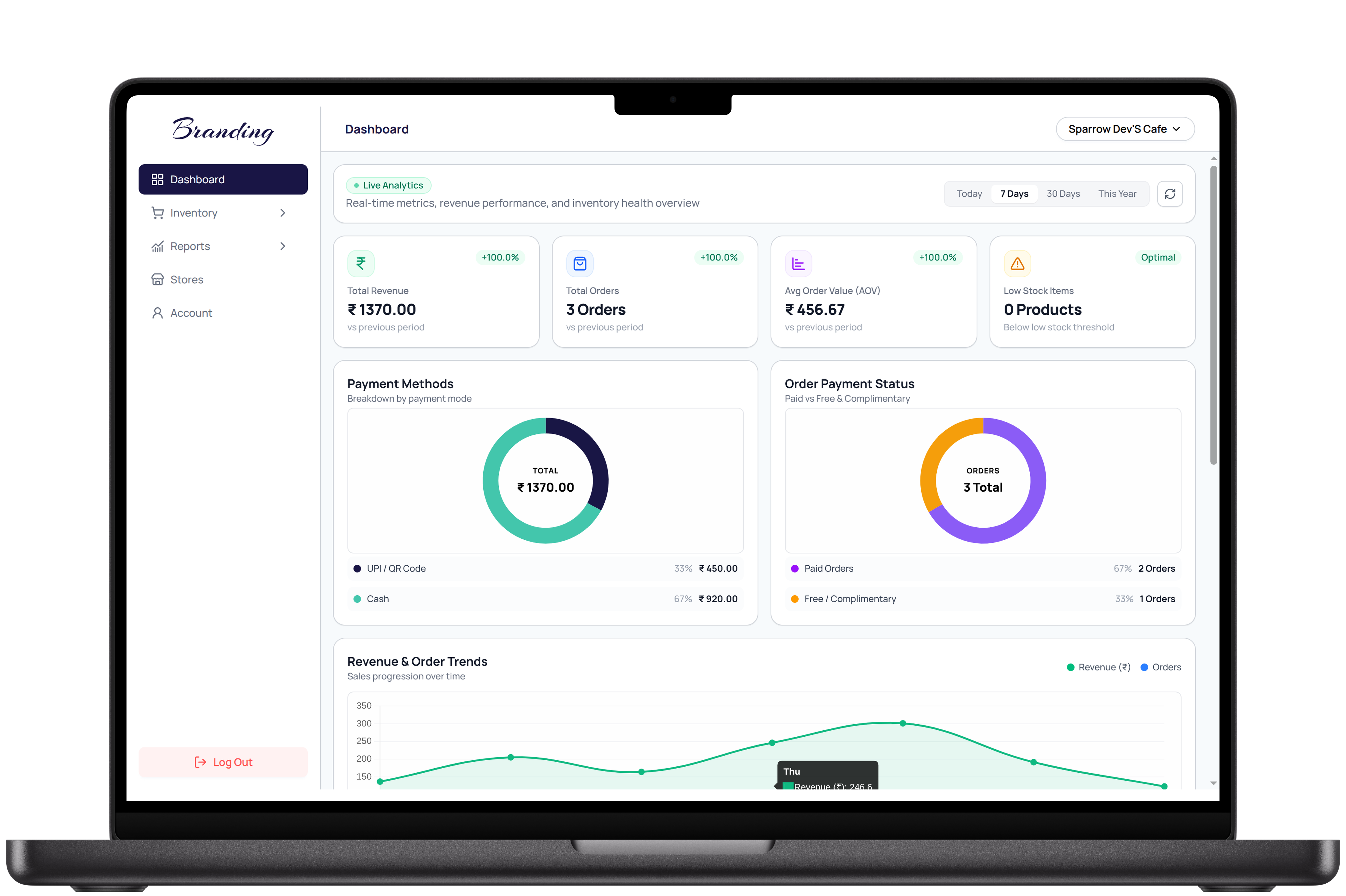 Sparrow POS Merchant Portal on MacBook Pro